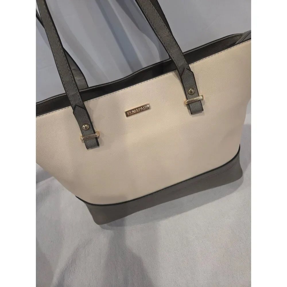 Elim & Paul Cream Gray Structured Tote Bag Saffiano Faux Leather Gold Hardware